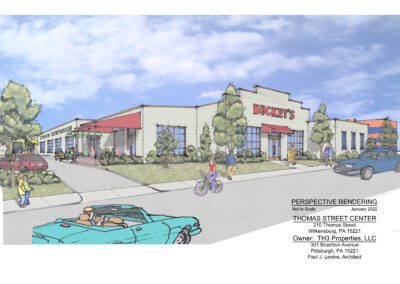 Architectural rendering of a proposed commercial center with pedestrians and vehicles.