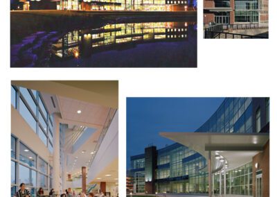 Modern university student center featuring well-lit interiors and exteriors, showcasing contemporary architectural design elements.