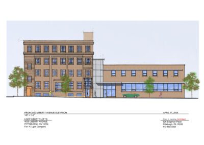 Architectural drawing of a proposed building elevation with annotations and project details.