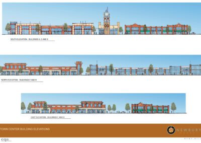 Architectural elevation drawings of a town center's south, north, and east facades, showcasing design and layout.
