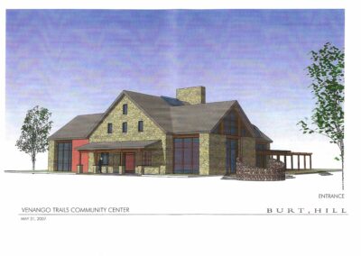 Architectural rendering of the venango trails community center entrance.