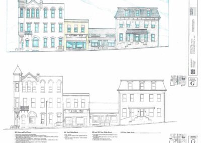 Architectural facade drawings of four different buildings, displaying front views and technical design details.