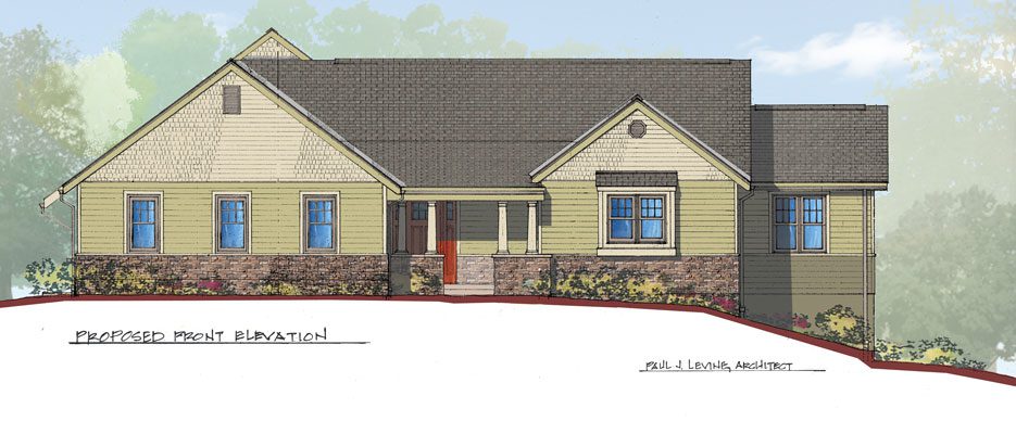 Architectural rendering of a proposed single-story residential home with a front elevation view.